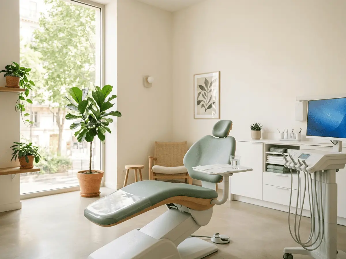 Salle de soins moderne et lumineuse d'un cabinet dentaire, fauteuil épuré et grande fenêtre — cabinet dentaire à Tours