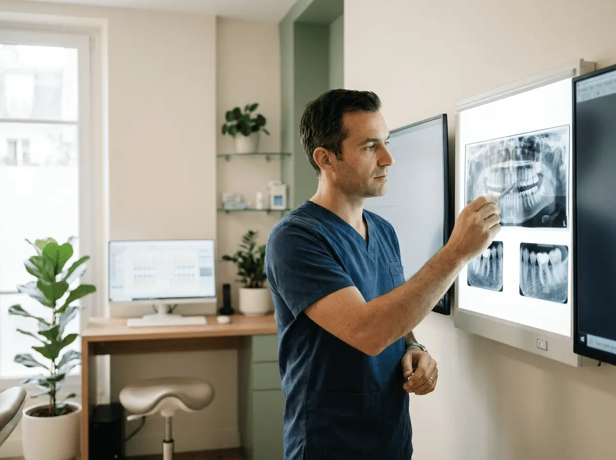 Chirurgien-dentiste analysant des radiographies dentaires sur un négatoscope lumineux — environnement de soins moderne, cabinet dentaire à Tours